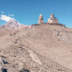 Beautiful Gergeti Trinity Church with Kazbek Mountain the background. More on www.atasteoffun.com